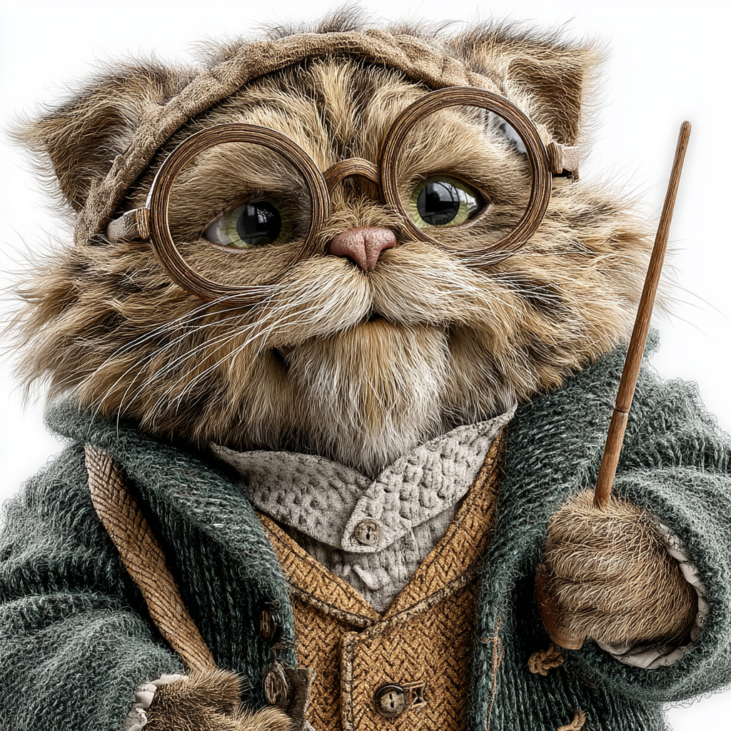 Un maestro gato con gafas y un atuendo profesional que irradia calidez y sabiduría
