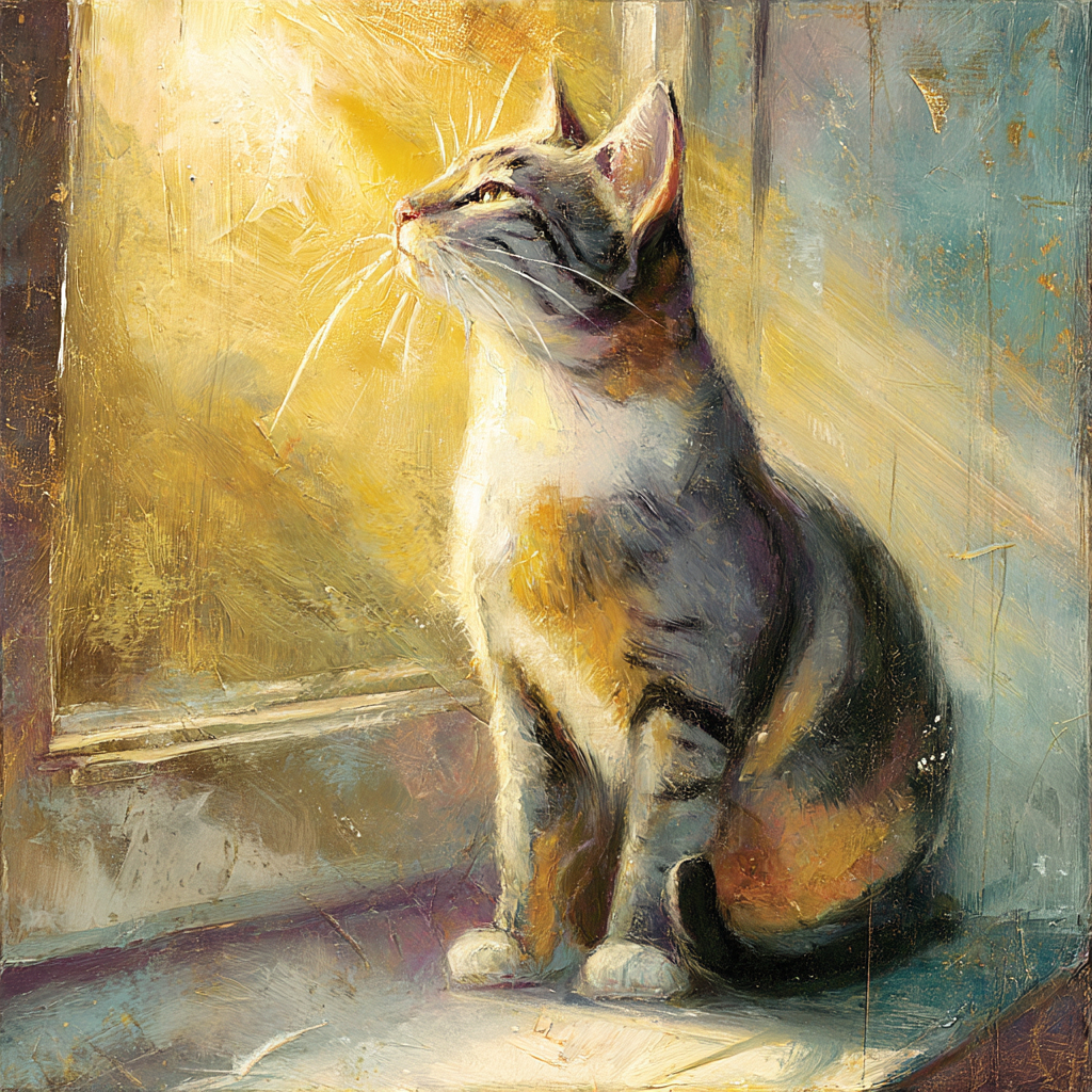 Un gato sentado en el alféizar de la ventana con luz solar que entra