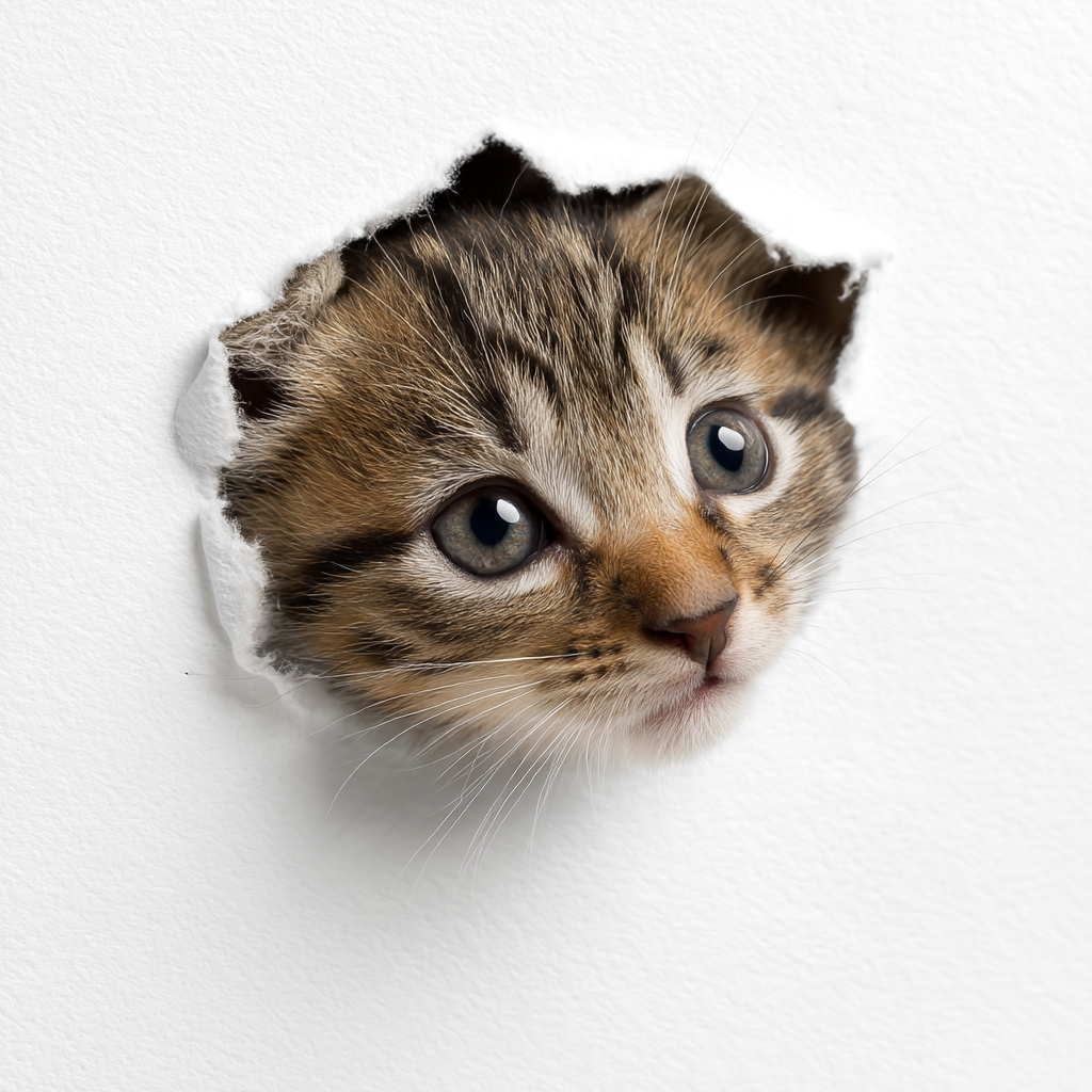 可爱的猫咪从白纸孔中探出头来
