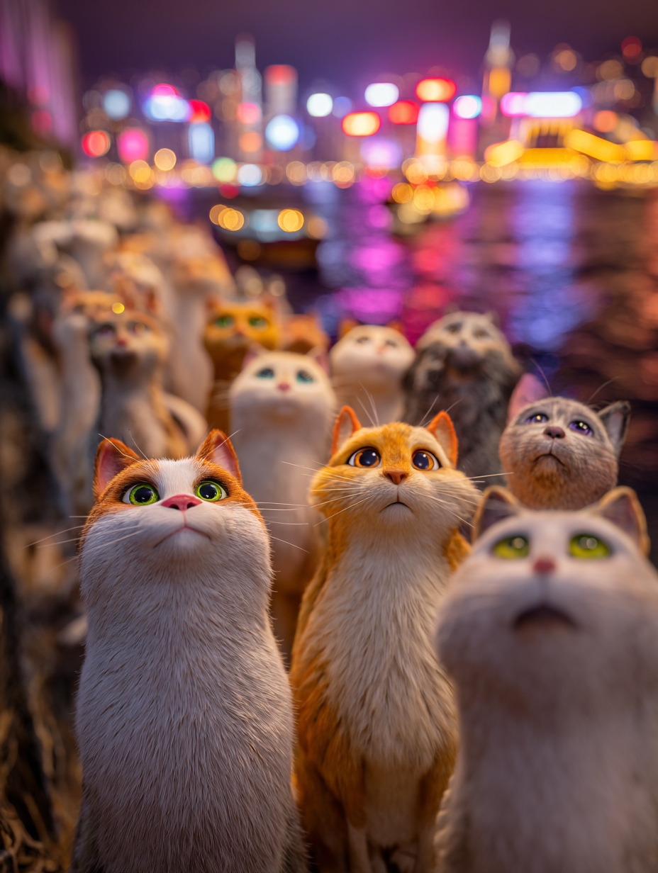En el puerto de Victoria en Hong Kong, un grupo de coloridos gatitos están tomando fotos por la noche con expresiones exageradas.