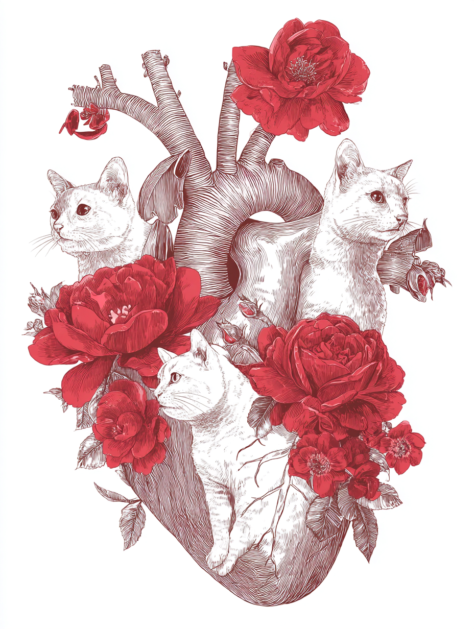 Tres gatos dentro de una anatomía del corazón hecha de hermosas rosas