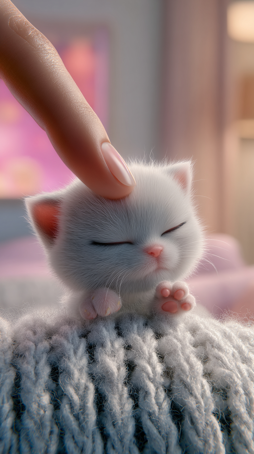 A tiny kitten is resting on a smooth surface while being gently petted