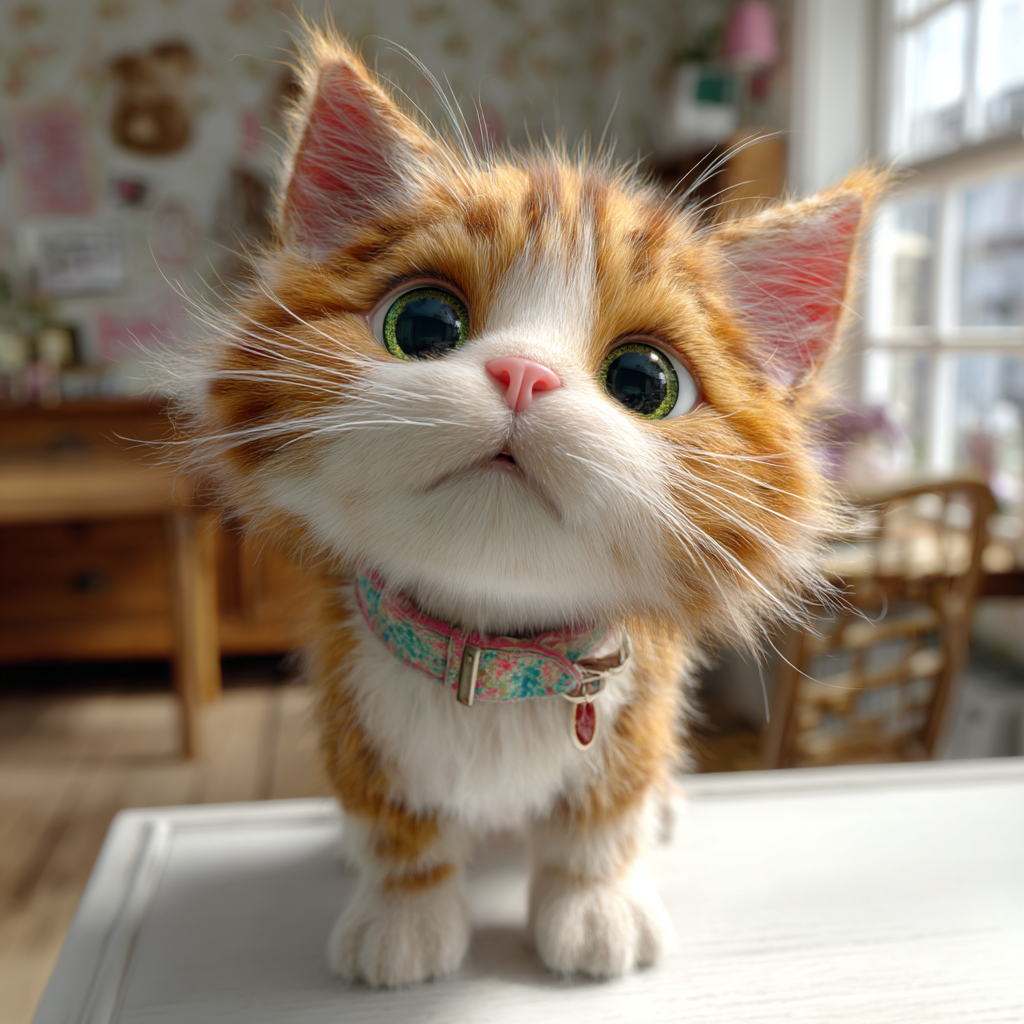 一只好奇的姜色虎斑小猫，佩戴多彩项圈，正在朝镜头看