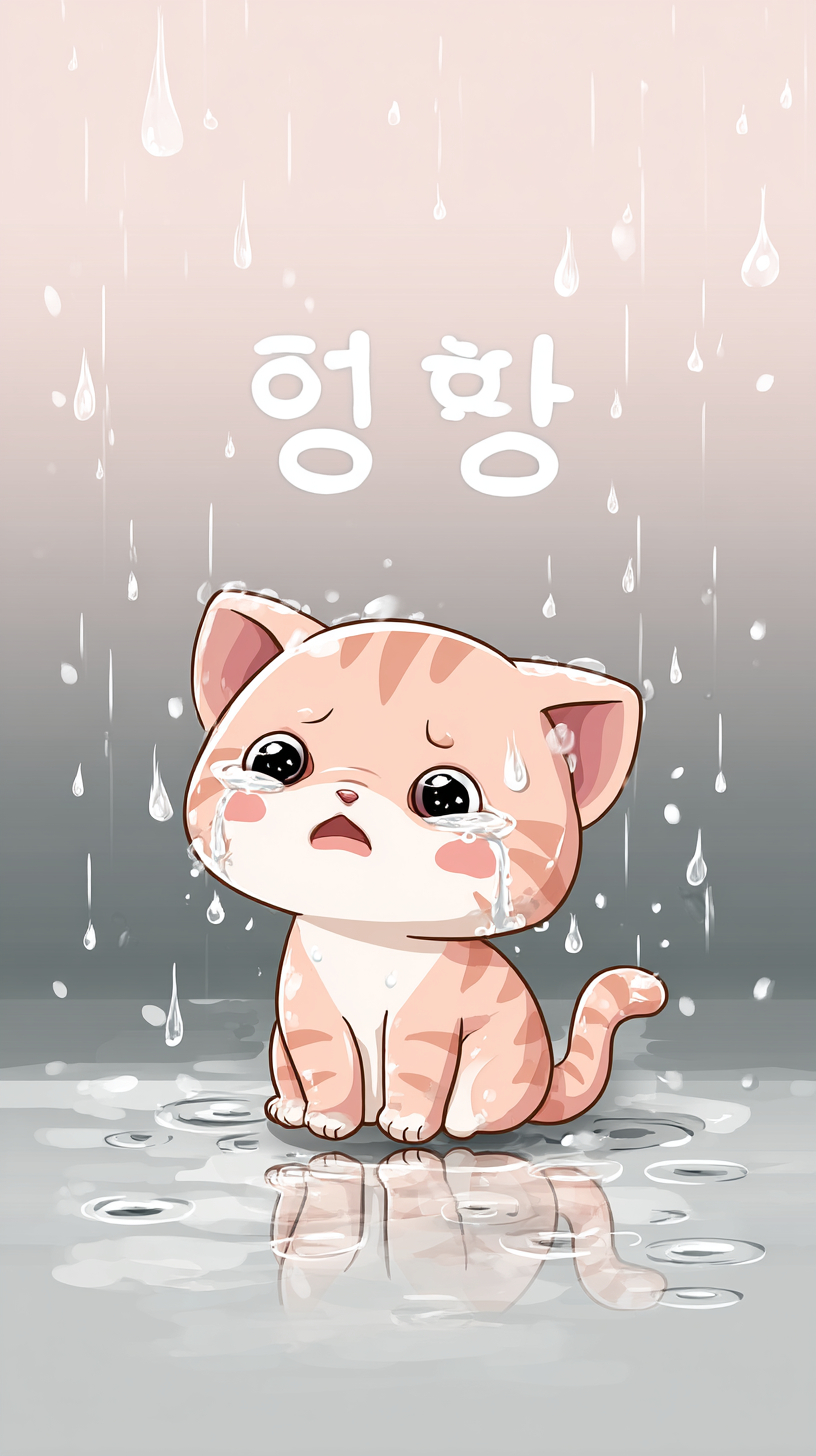 Eine süße Cartoon-Katze weint mit Tränen im Gesicht vor einem Regengrund
