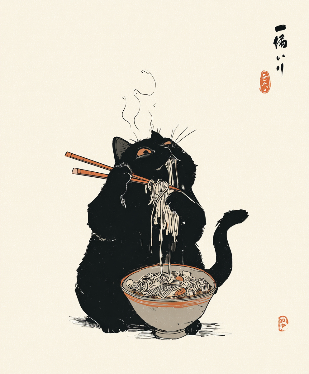 Um gato preto sentado como um humano, comendo ramen com hashis