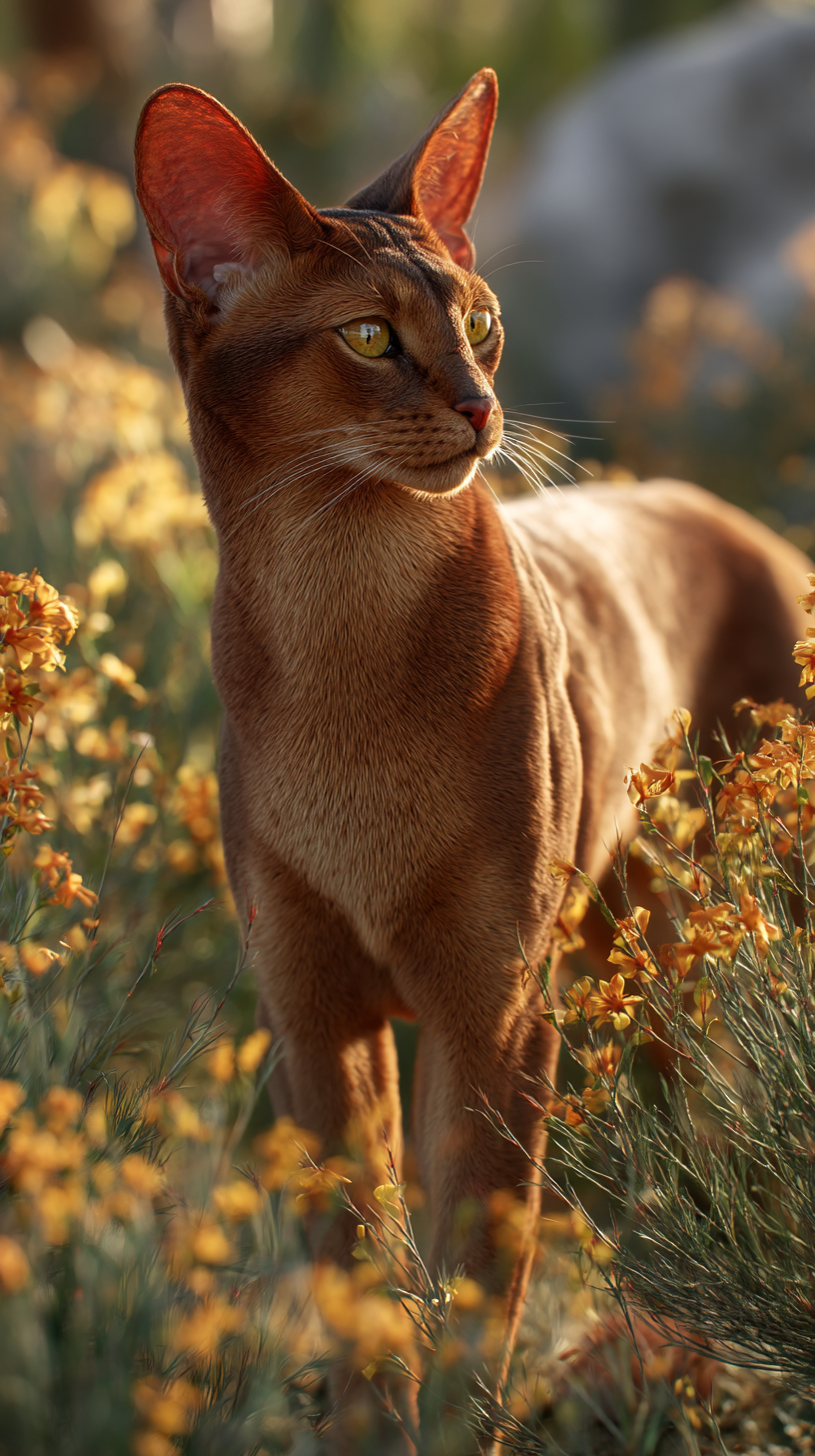 Un gato abisinio hiperrealista hecho de textura cálida de galleta americana dorada, de pie elegantemente en un campo de flores.