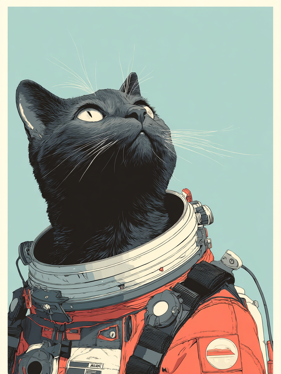 Retro illustration of a space cat astronaut in pastel blue and red