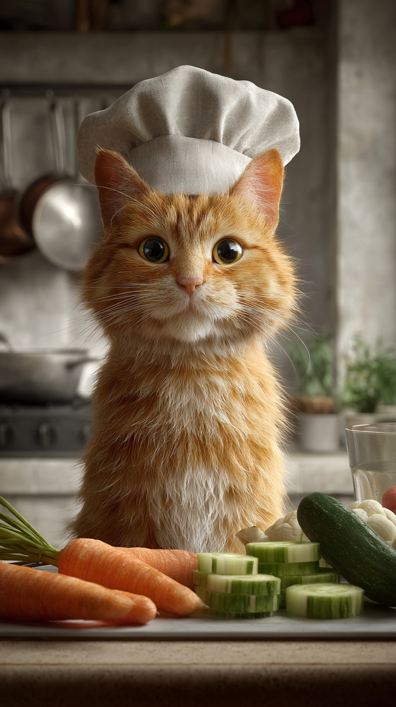 Un gato naranja con un sombrero de chef presenta con orgullo verduras cortadas ordenadamente