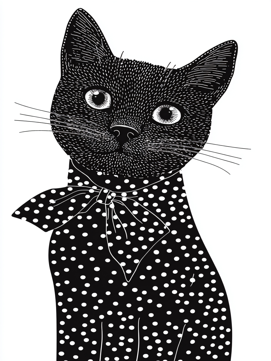 黒いダンディズムの服を着た猫の面白いイラスト、メットガラのファッションスタイルを表しています。