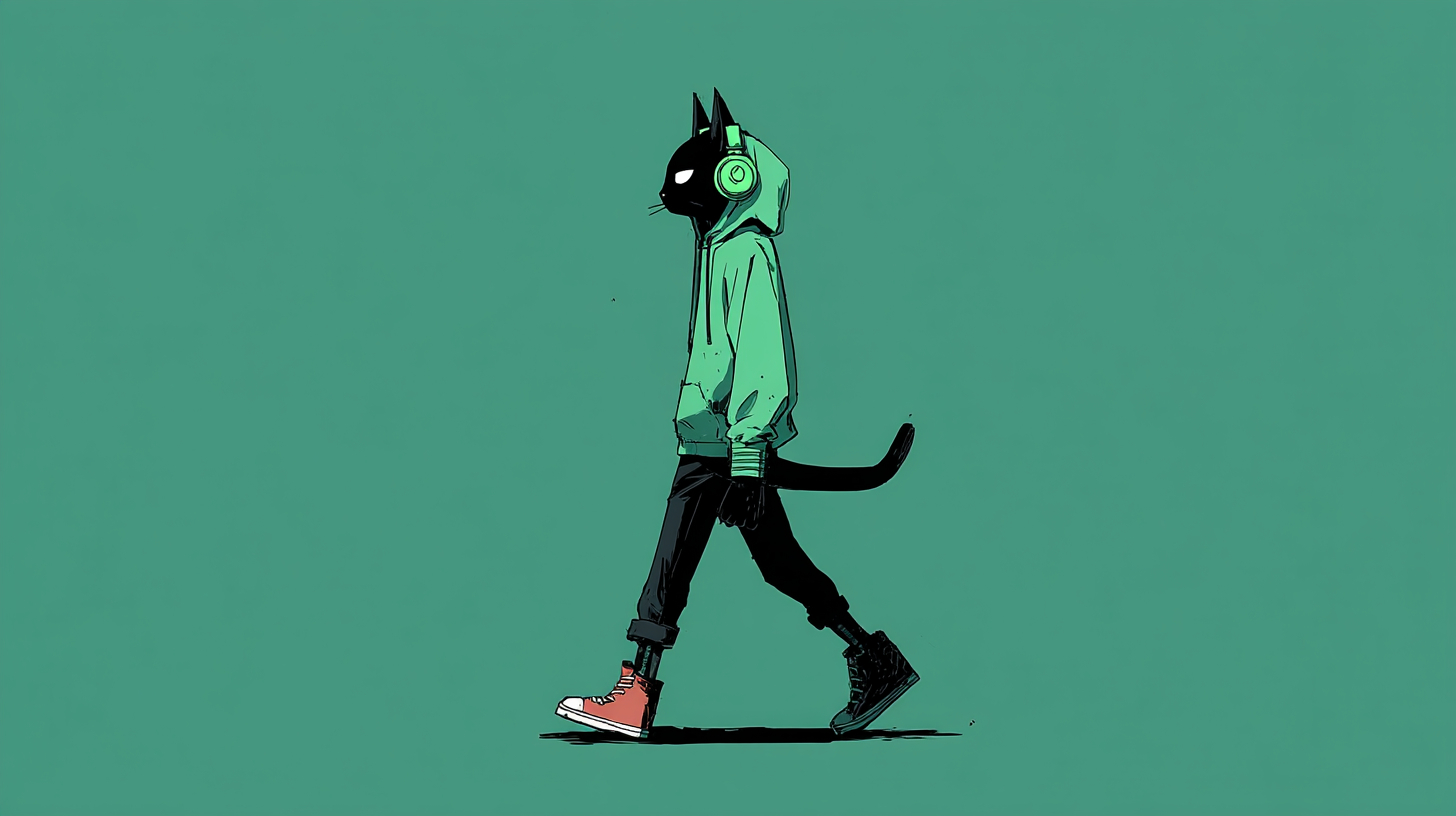 Un chat noir cartoon en hoodie menthe et écouteurs, marchant en avant, de profil, dans une humeur aliénée.
