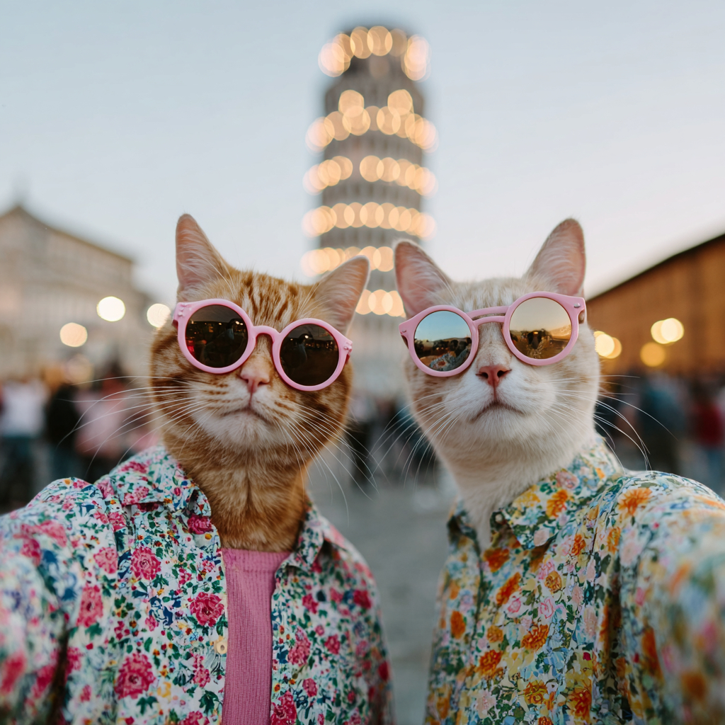 Un chat tabby orange avec des lunettes de soleil et un loup en chemise décontractée prennent des selfies devant la tour de Pise