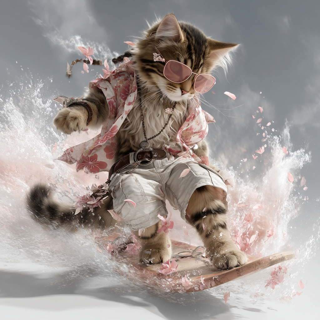 Un gato lindo con pantalones cortos de estilo hawaiano y gafas de sol rosas está surfeando