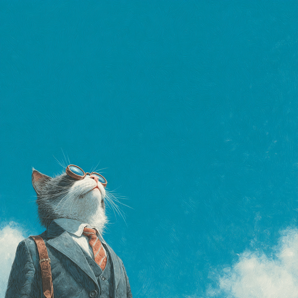 Un gato vestido con traje va a trabajar bajo un cielo azul claro