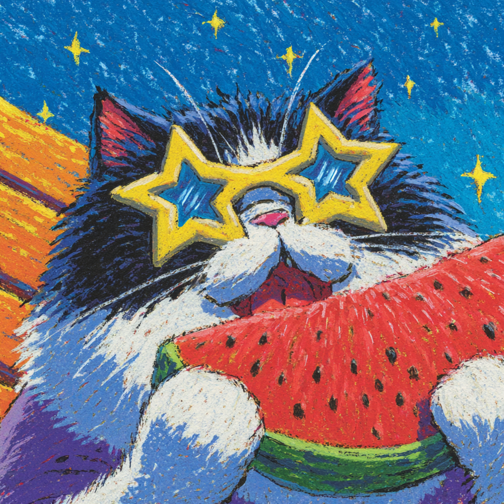 星型サングラスをかけた太った白黒ペルシャ猫がスイカを食べています