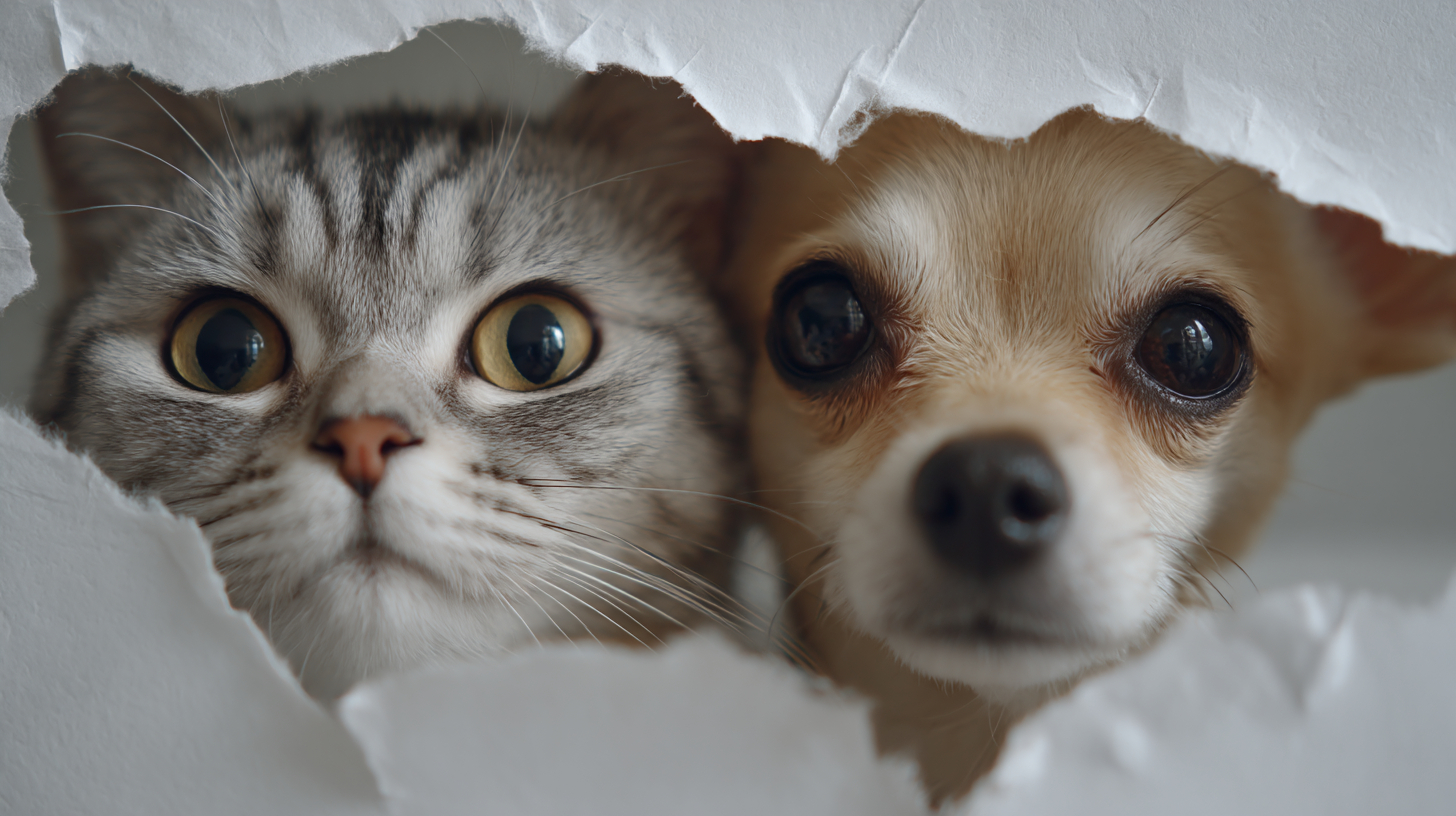 A Scottish Fold cat and a Chihuahua dog peeking through torn white paper showcasing curiosity and playfulness