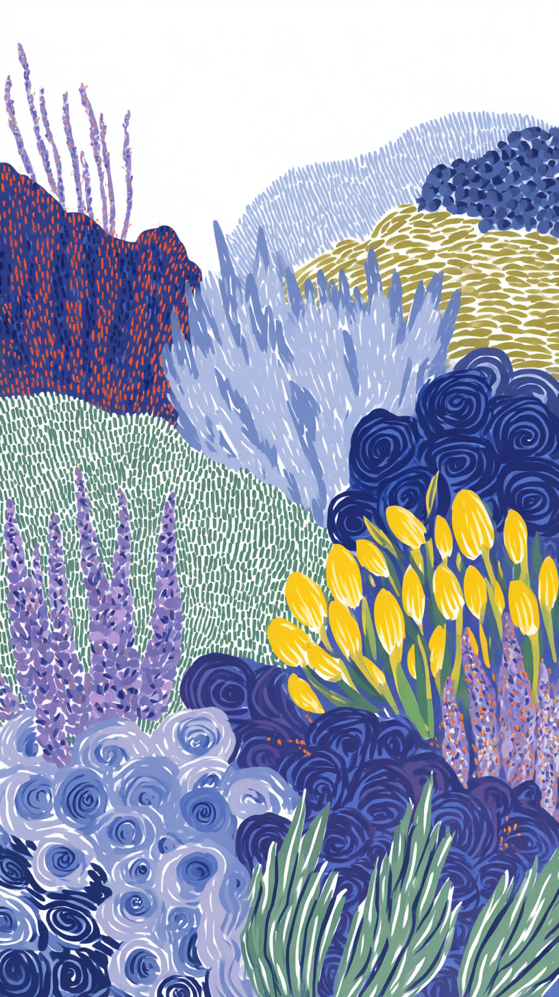 Uma ilustração de sonho e surrealista de um jardim inglês com lavanda e agapanthus, apresentando um close de um rosto de gato dormindo.