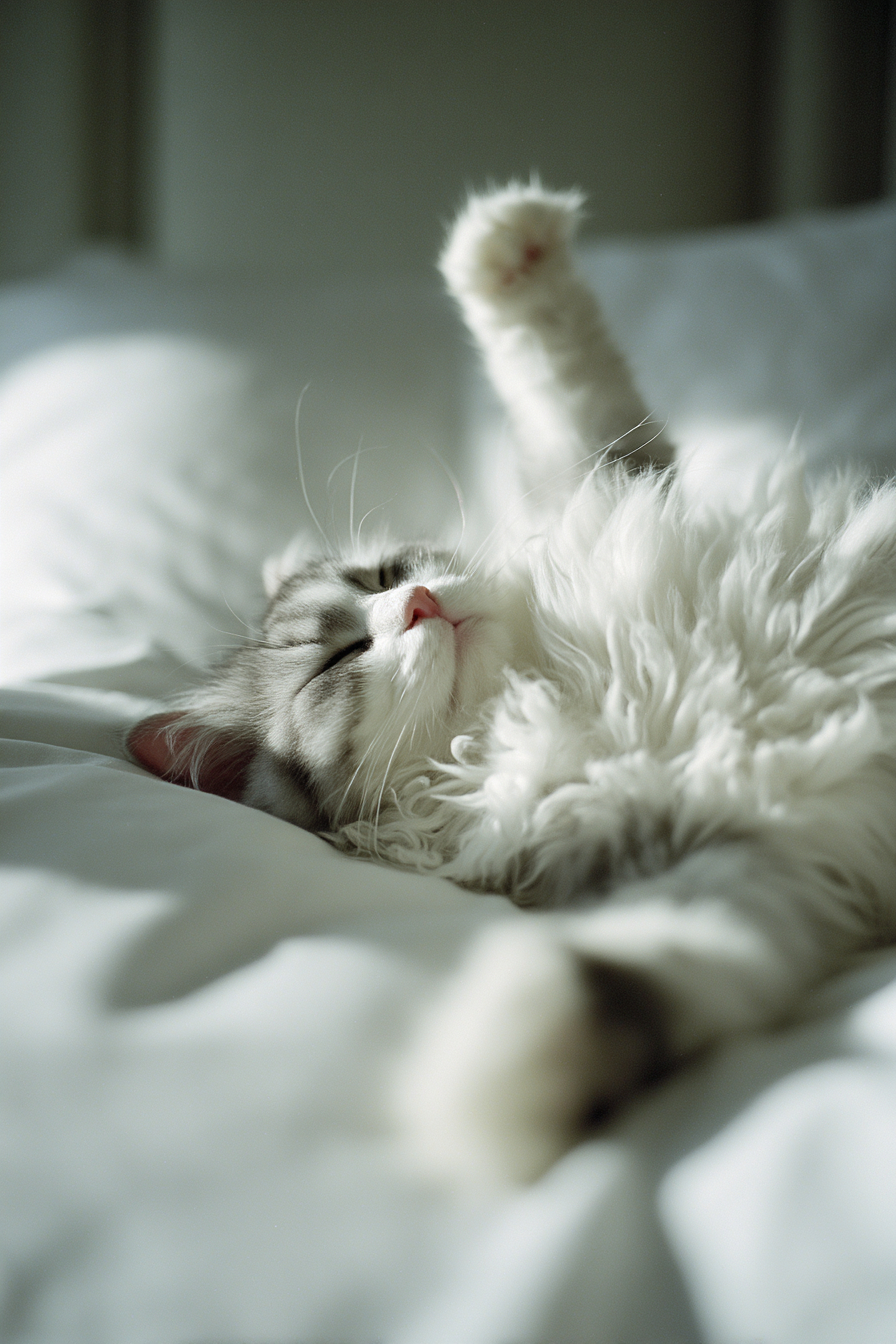 Un lindo gatito persa está echado sobre sábanas blancas con los ojos suavemente cerrados