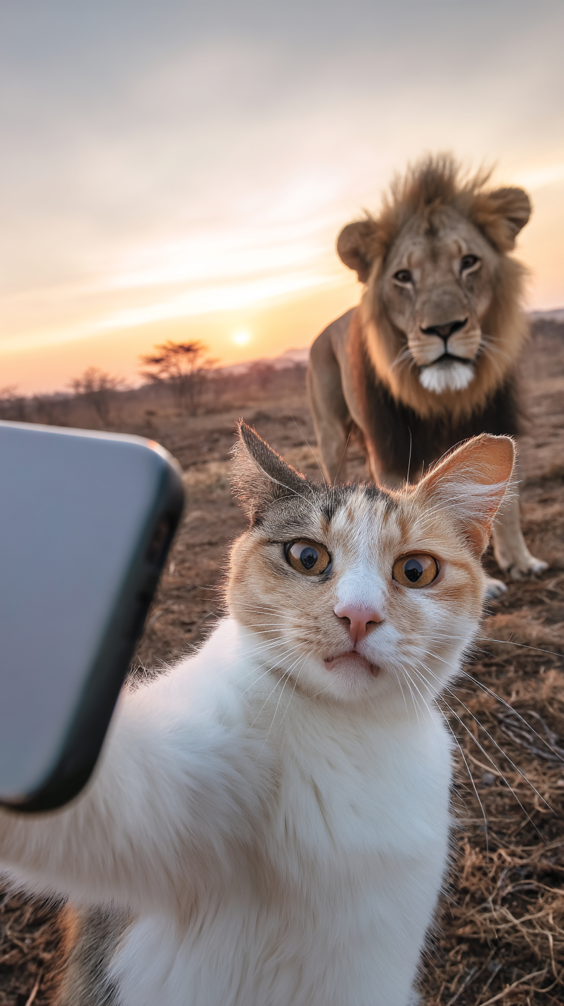 一只金色的斑点猫正拿着手机自拍，身后两米处站着一只雄性非洲狮