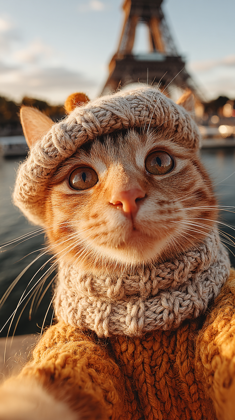 Eine orange getigerte Katze mit Baskenmütze macht ein Selfie vor dem Eiffelturm