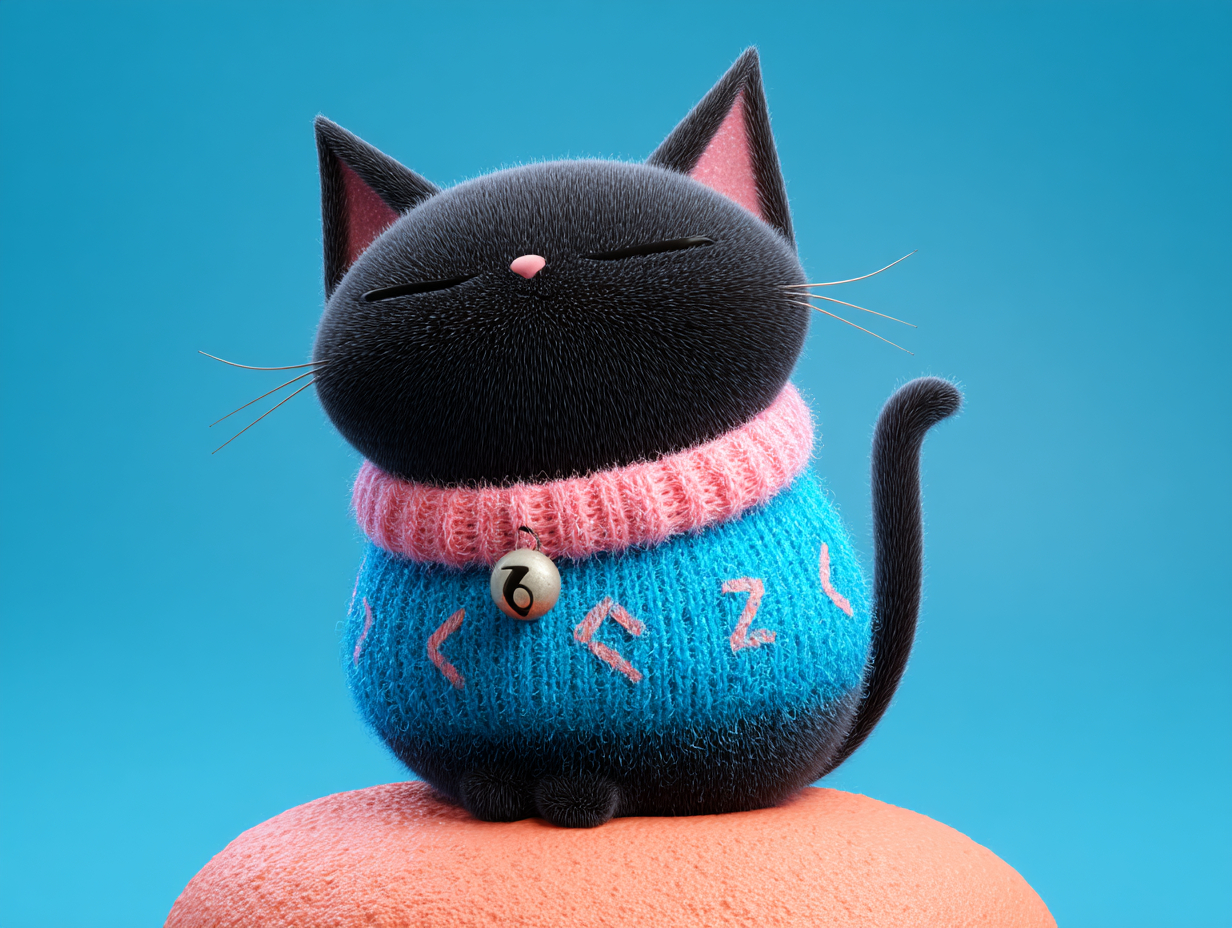Diseño de personaje IP para un festival de arte: un gato negro mágico, inteligente y adorable, mostrando magia y creatividad como una entrañable mascota.