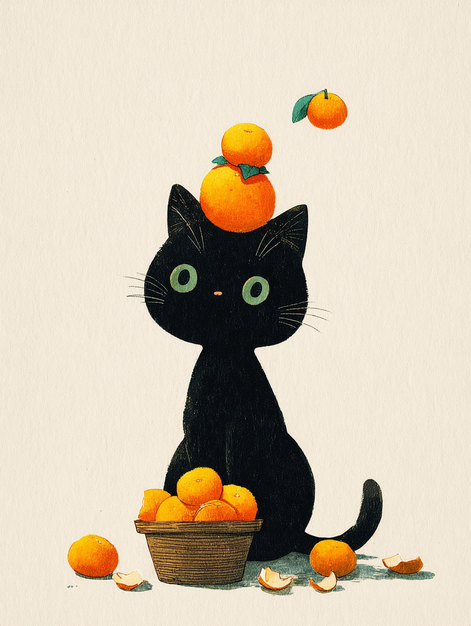 A obra da ilustradora coreana Hyunjoo Jeon apresenta um gato preto com olhos verdes, uma fruta laranja em sua cabeça e uma cesta de frutas na pata