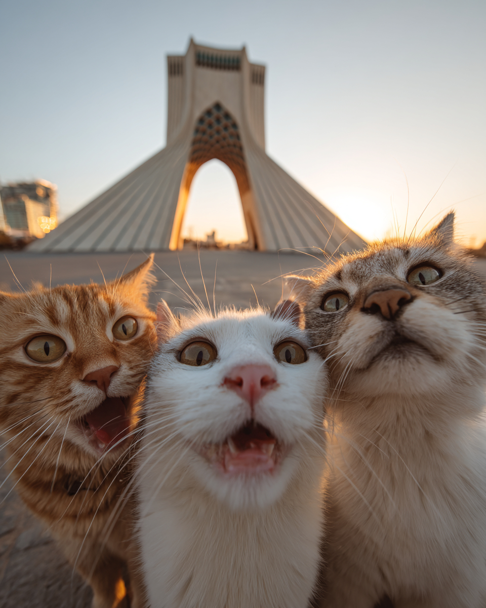 Tres gatos con diferentes expresiones tomándose una selfie frente a la Torre Azadi
