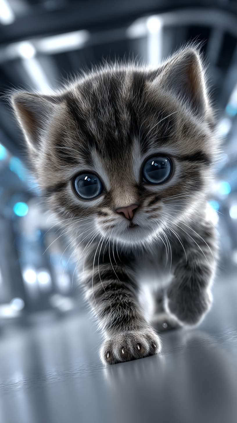 Un gato feliz corre de derecha a izquierda contra el fondo de una clínica veterinaria