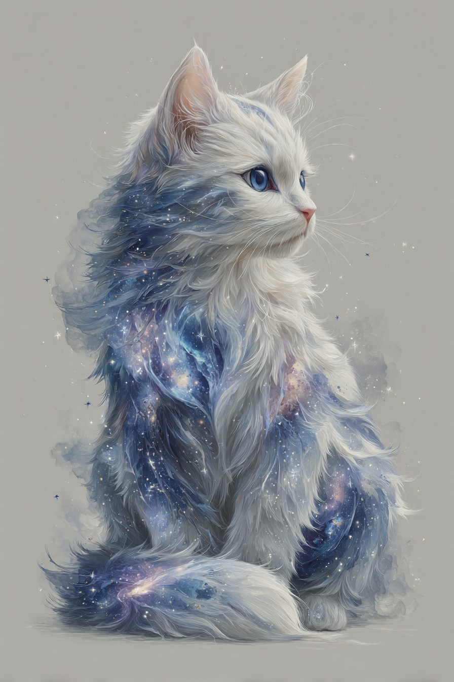 Una imagen de un gato blanco con un fondo de galaxia en estilo de doble exposición