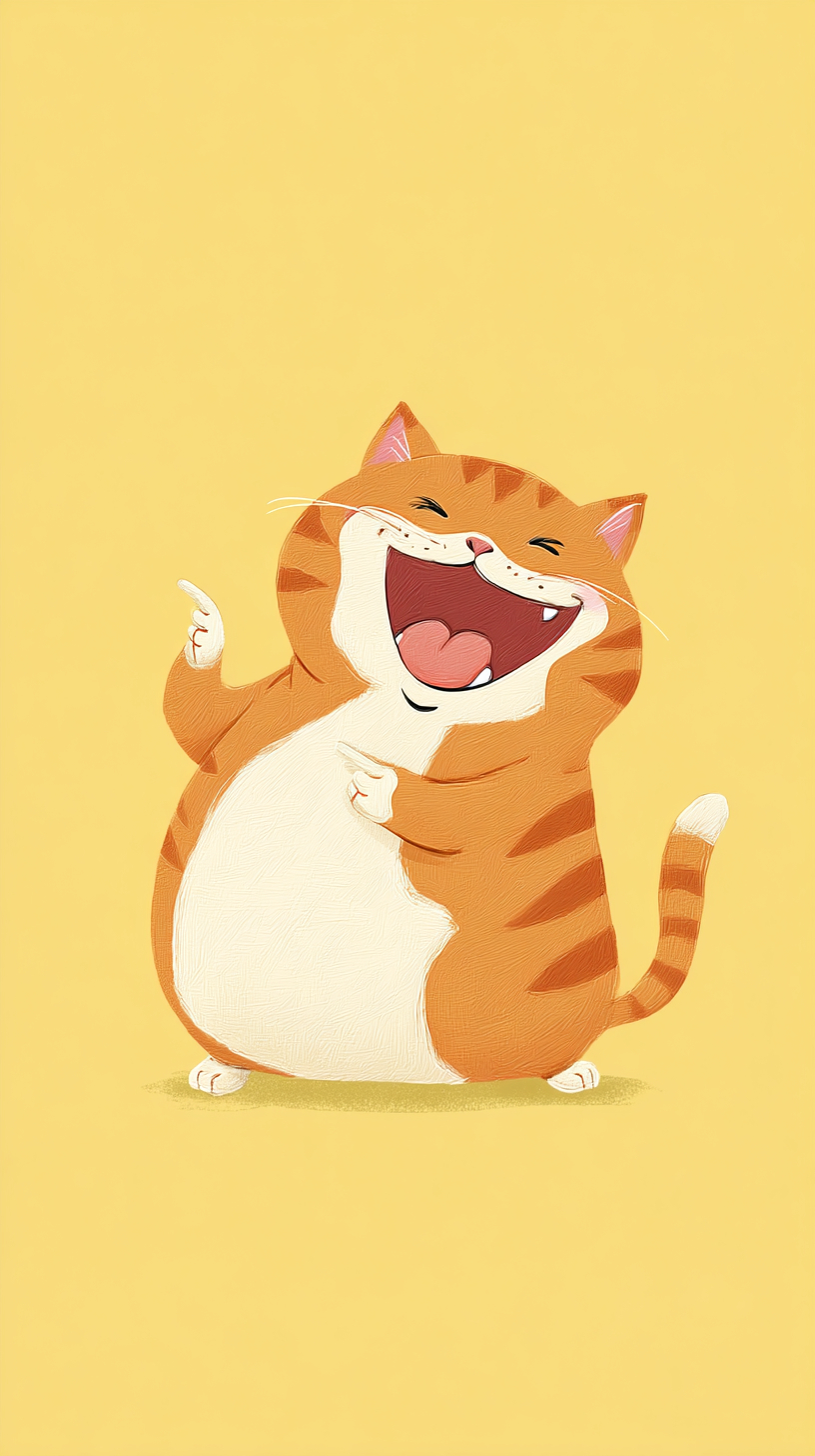 太っているオレンジのトラ猫が幸せそうな表情を見せていて、目を閉じて口を大きく開け、舌を出しており、片手で口を指差し、もう一方の手は丸いお腹に置かれています