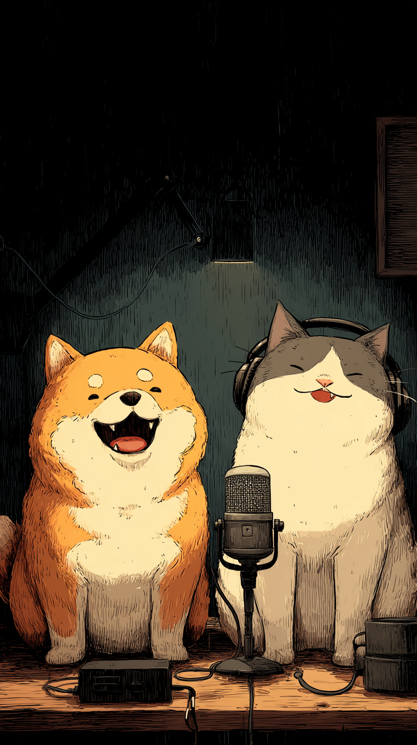 Un adorable Shiba Inu mâle et un chat errant animent ensemble un podcast dans un studio de radio confortable