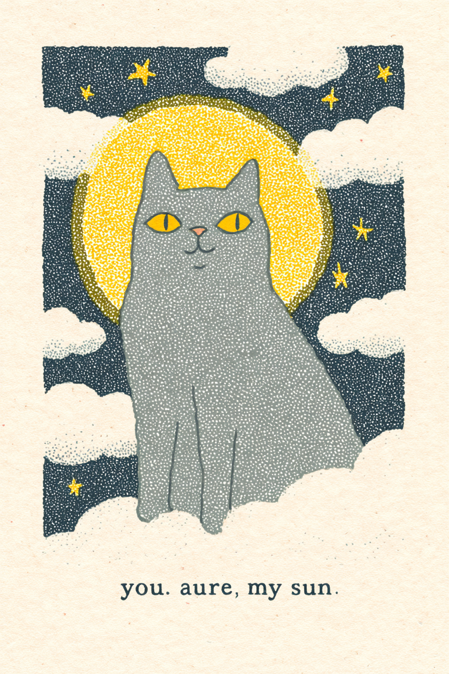Un chat gris émettant une lumière dorée parmi les nuages et les étoiles