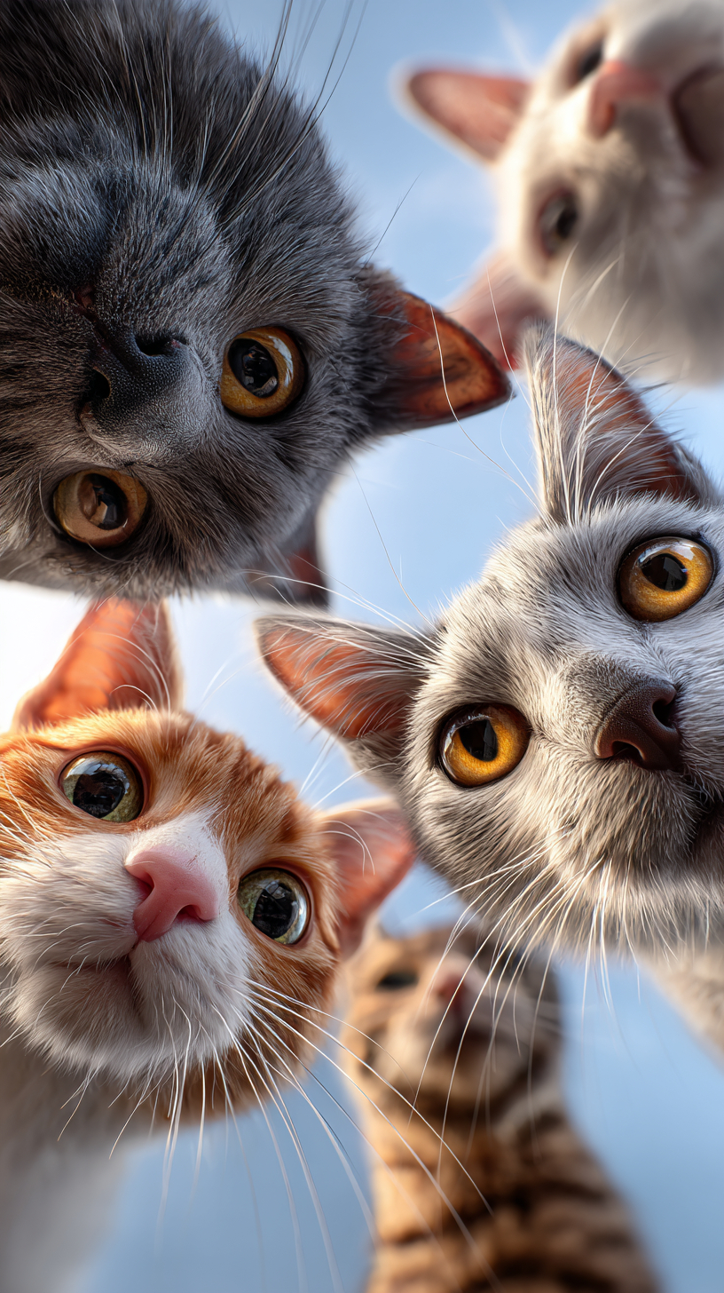 Cinq chats regardent l'appareil photo avec des expressions mignonnes et heureuses