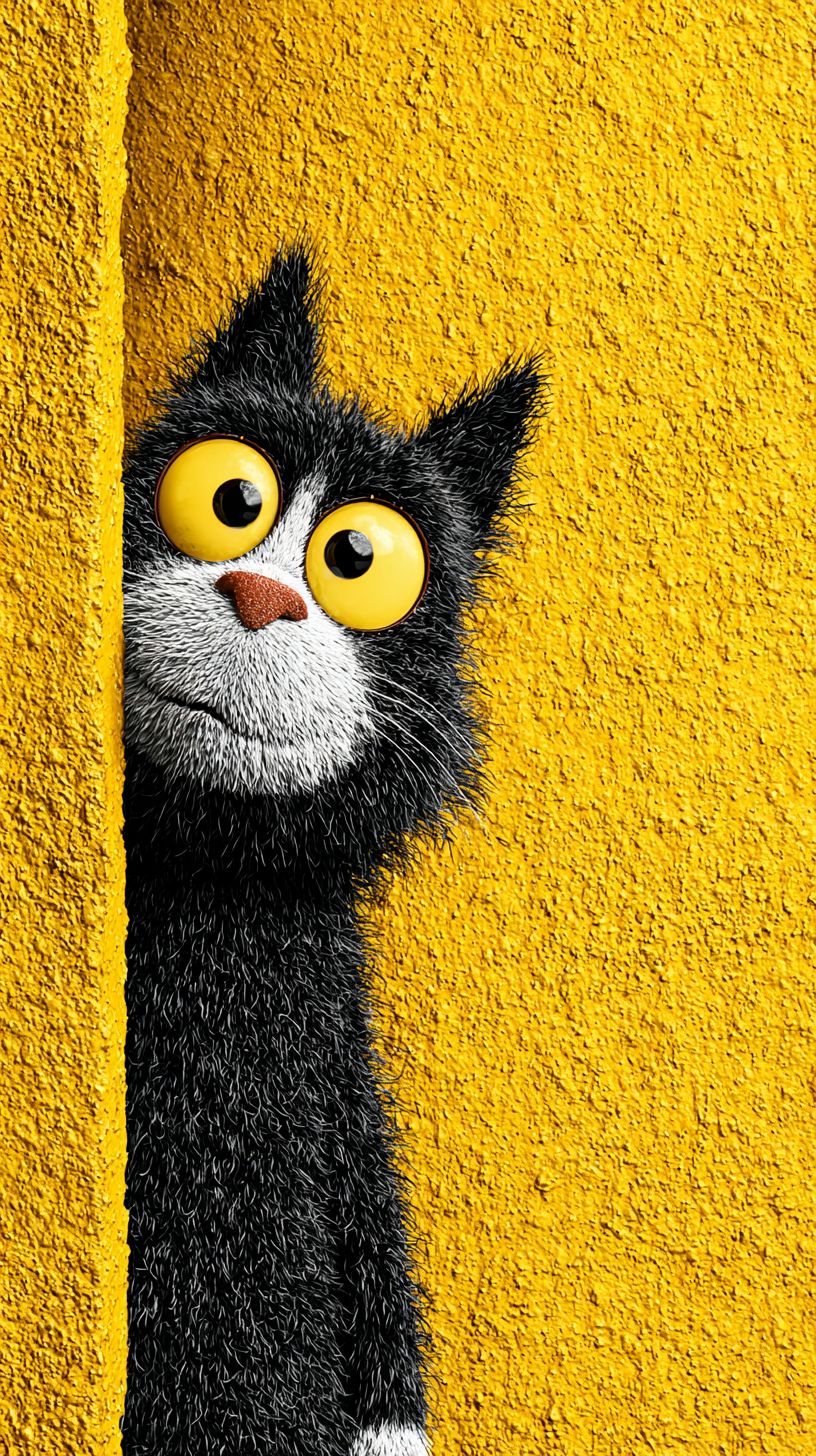 Un lindo gato negro y blanco, gordito y juguetón, se asoma con curiosidad desde un fondo amarillo brillante