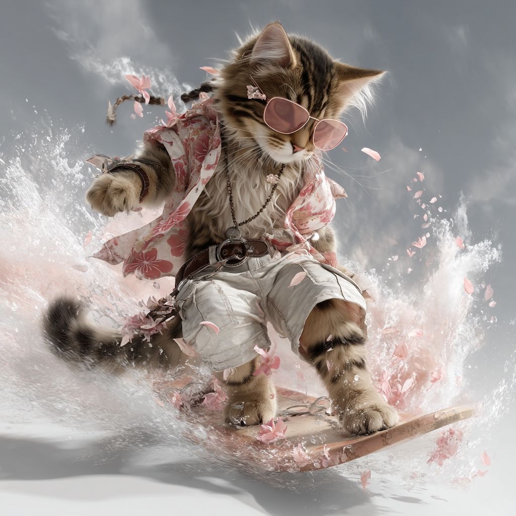 A cute cat wearing Hawaiian style shorts and pink sunglasses is surfing
