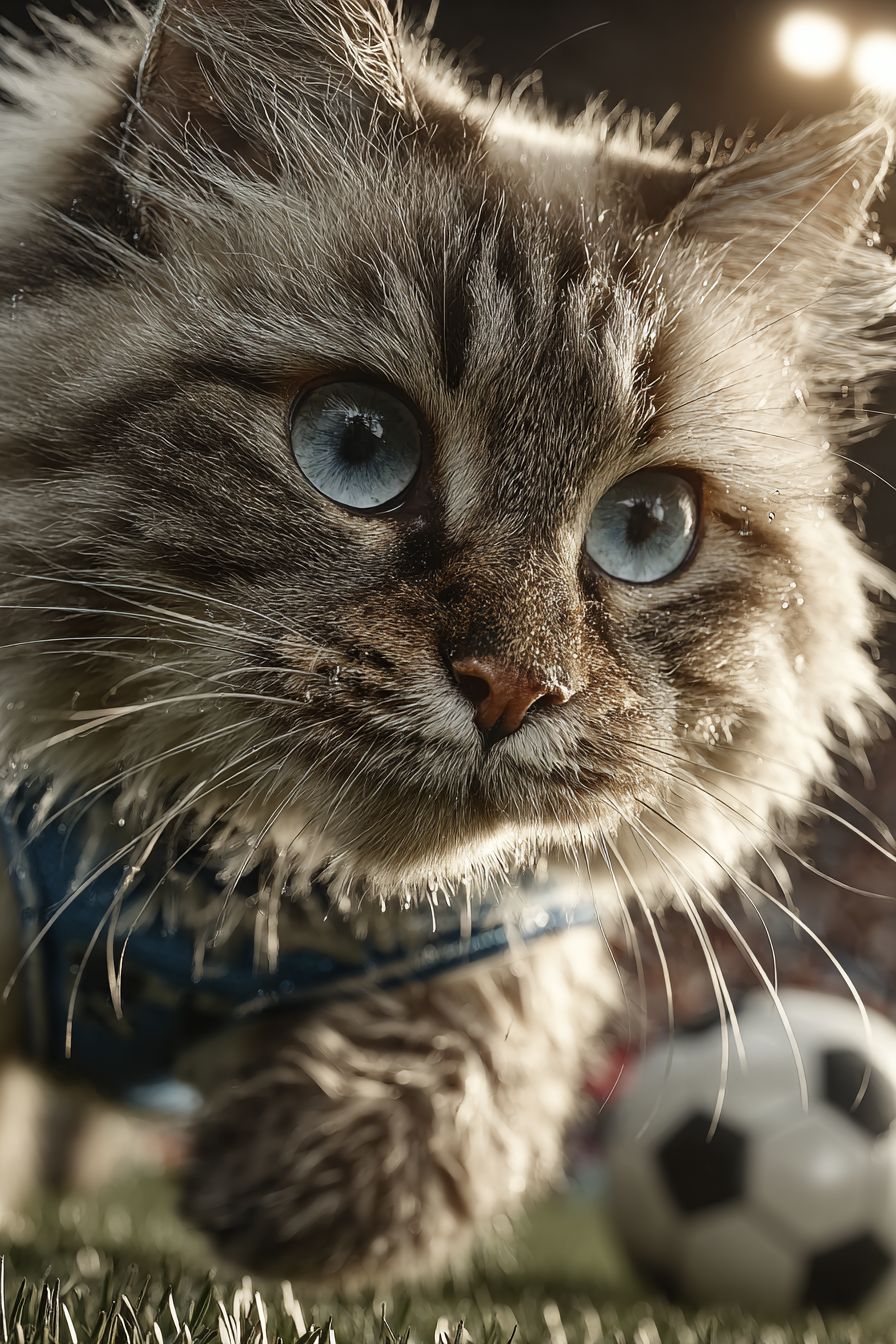 一只逼真的布偶猫在草地上踢足球，穿着蓝色的小马具