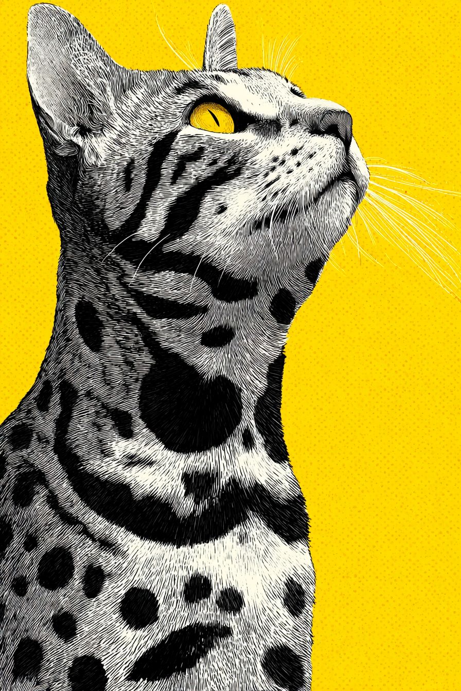 A pop art style tabby cat with a bright yellow background