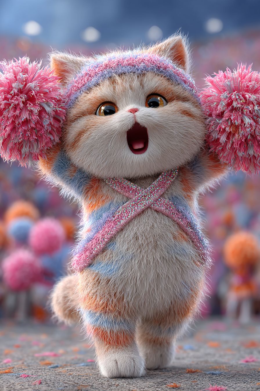 Um gato persa realista fazendo cheerleading com pompons em um estádio vibrante usando um arnês brilhante