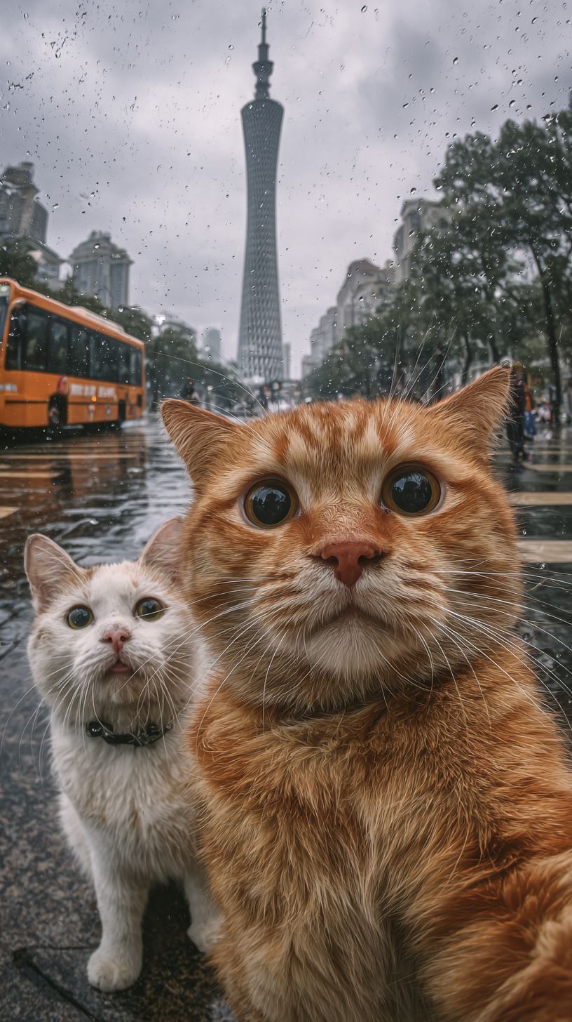 A ginger cat and a white cat are taking a selfie in front of Guangzhou Tower