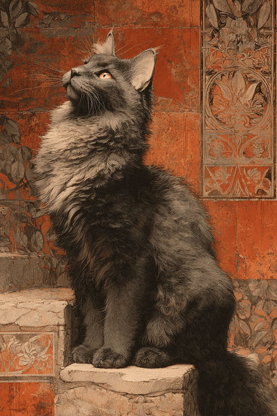Ein Fresko-Stil einer Nebelung-Katze mit antiken Ruinen und einem Olivenhain im Hintergrund