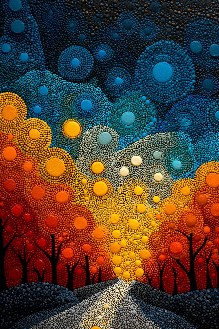 一幅澳大利亚土著点画，描绘澳大利亚雾猫，色彩斑斓的点，沙漠景观，赭色和白色调，精神符号