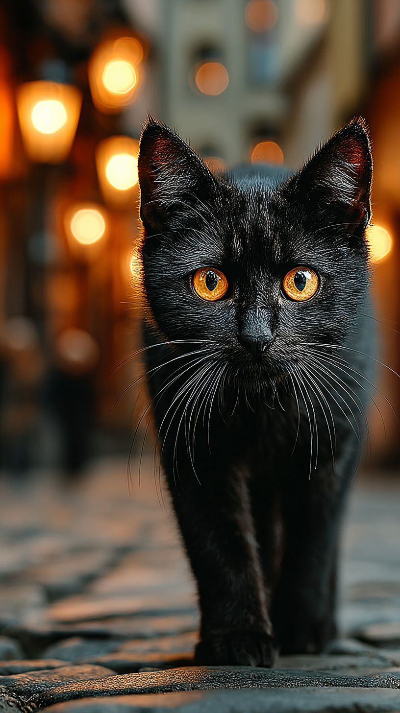 一只黑猫在爱沙尼亚塔林的鹅卵石街道上行走，背景是中世纪建筑