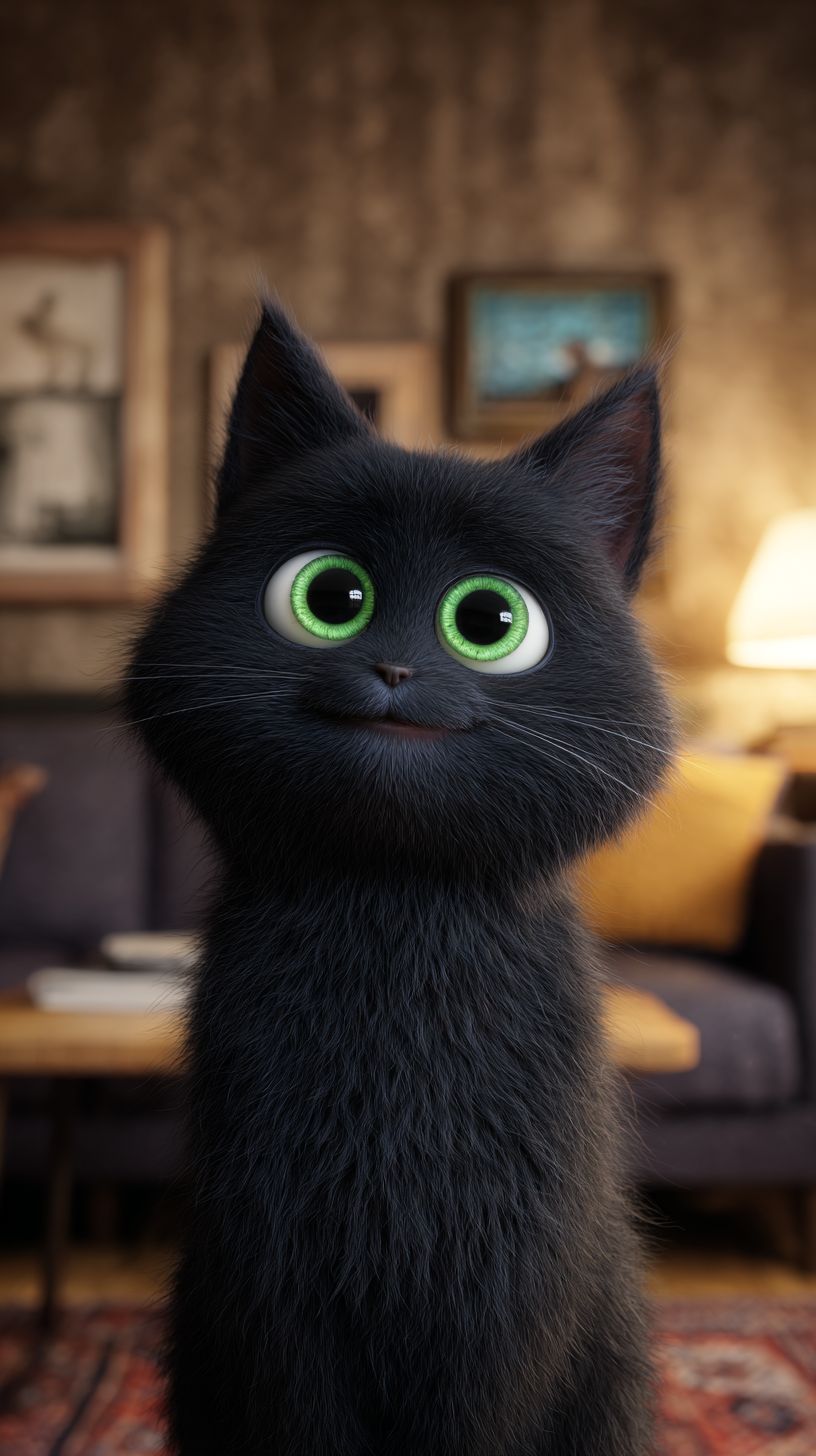 Um gato antropomórfico com grandes olhos verdes está em uma aconchegante sala de estar ao estilo Pixar