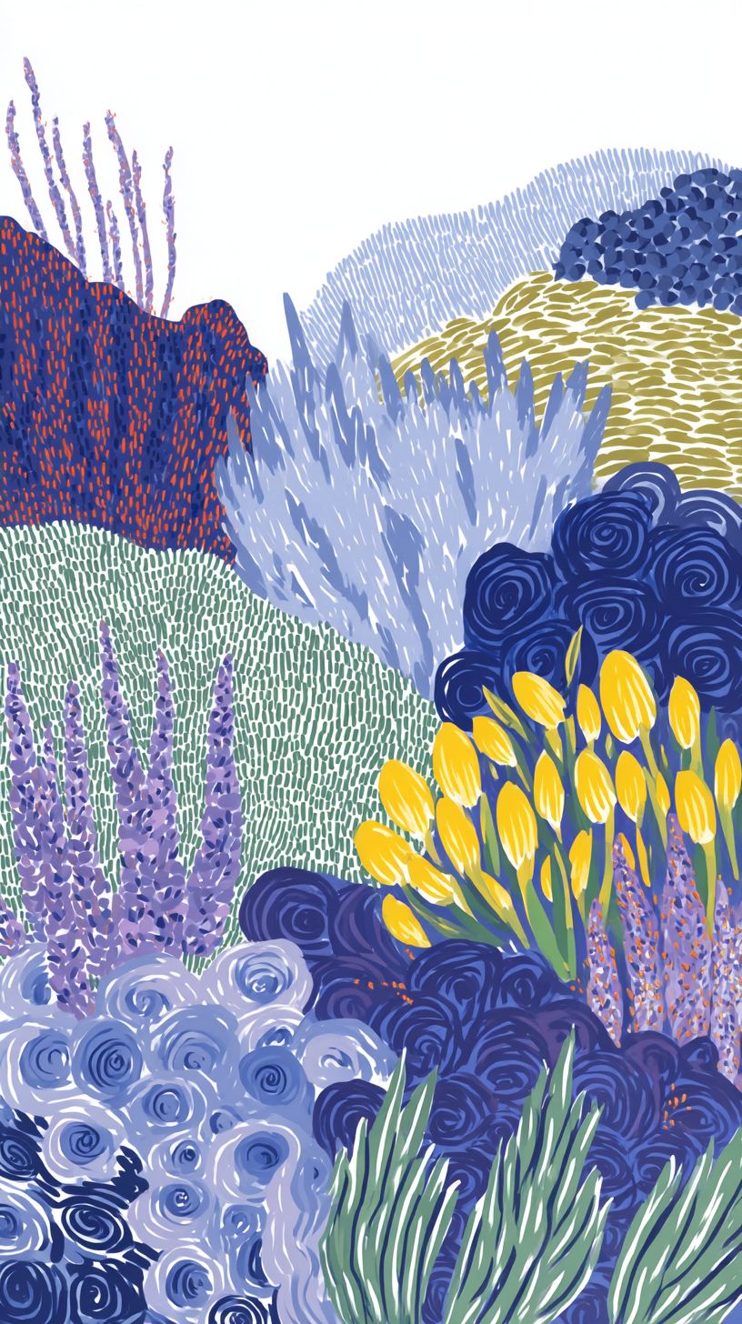 Une illustration de rêve et surréaliste d'un jardin anglais avec de la lavande et des agapanthes, mettant en vedette un gros plan du visage d'un chat endormi.