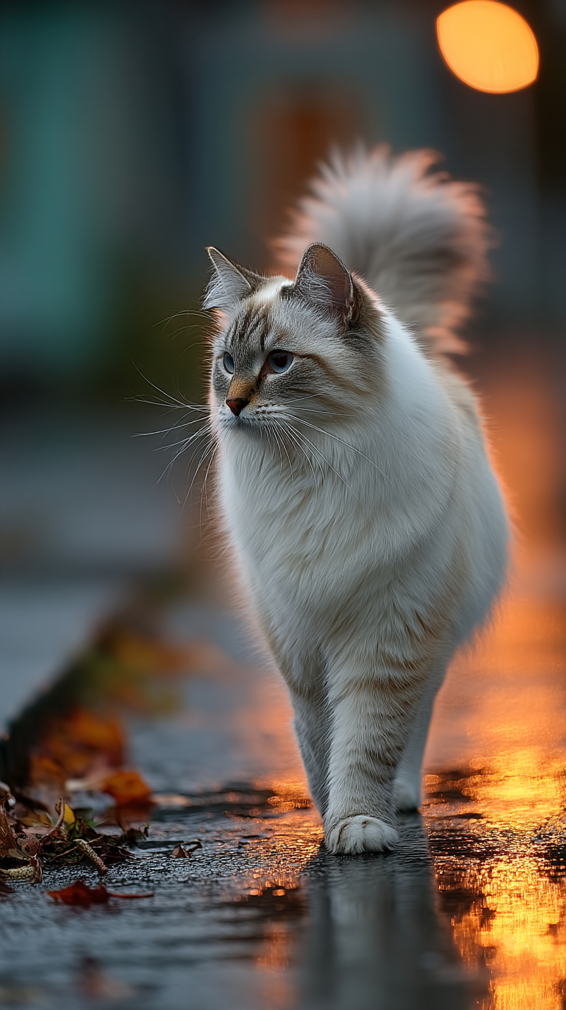 优雅的成猫蓝猫在雨后巷道中漫步