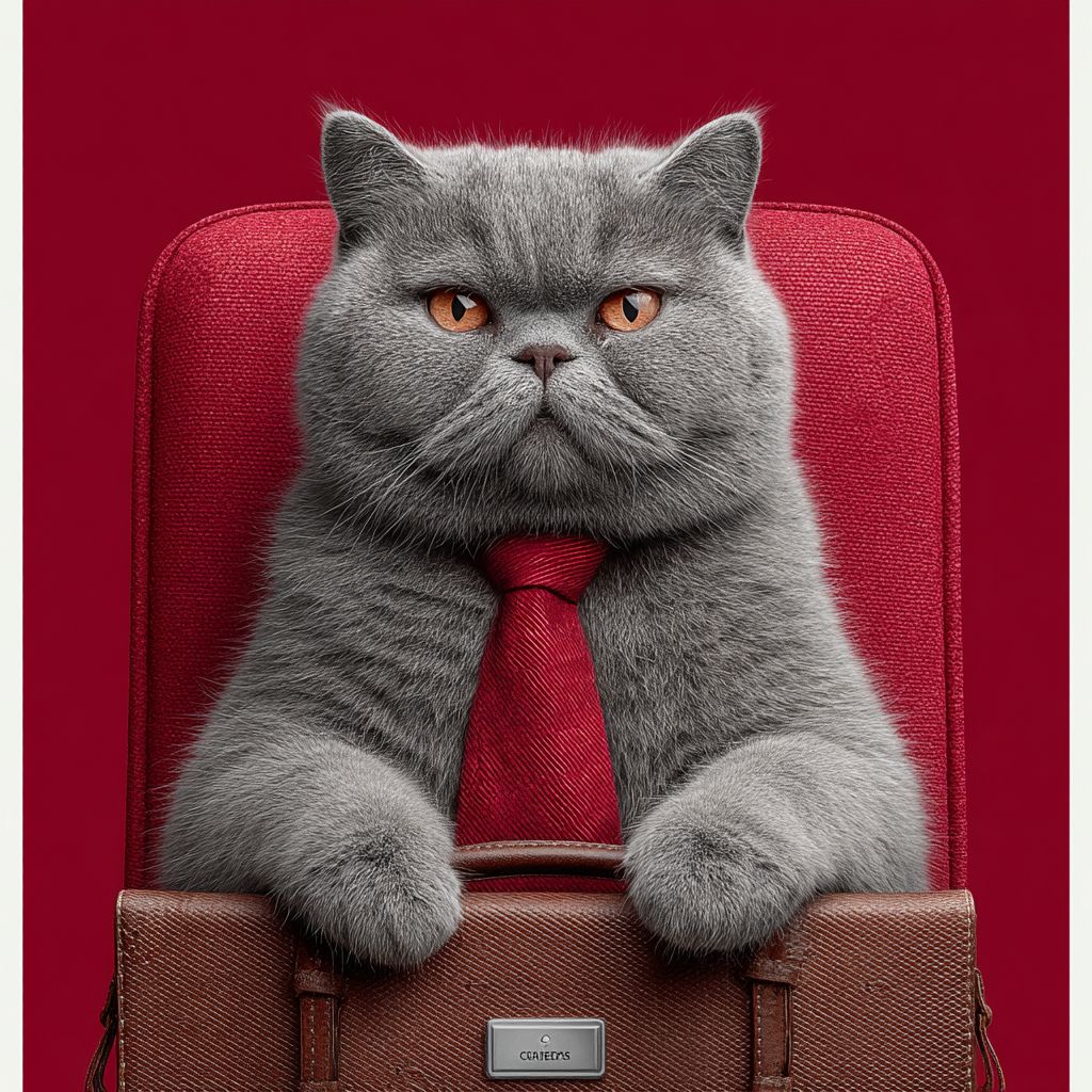 ビジネススーツを着たグレーのブリティッシュショートヘアの猫がオフィスチェアに座って銀行の求人を宣伝する
