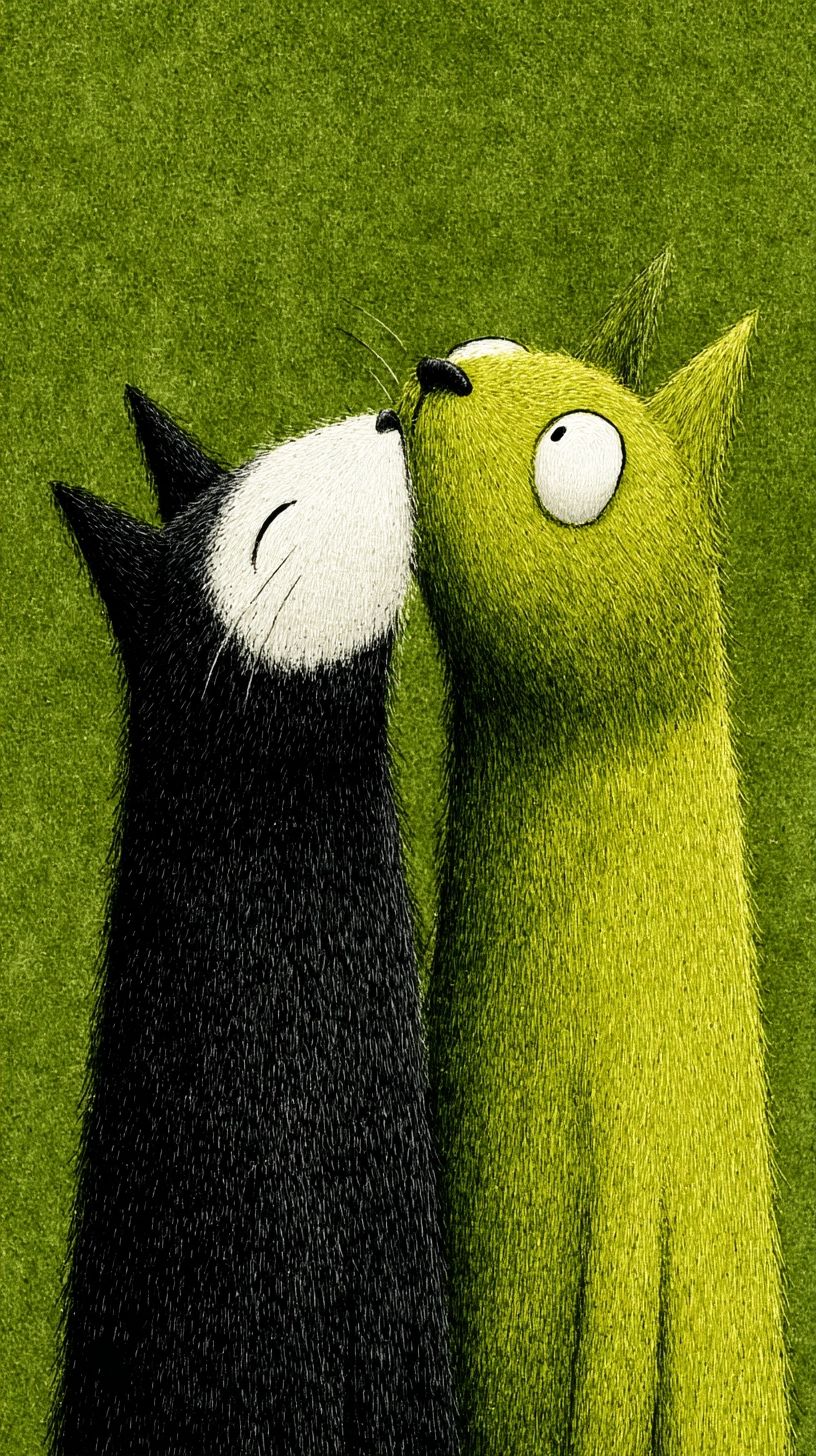 A black and white cat kissing against a green background