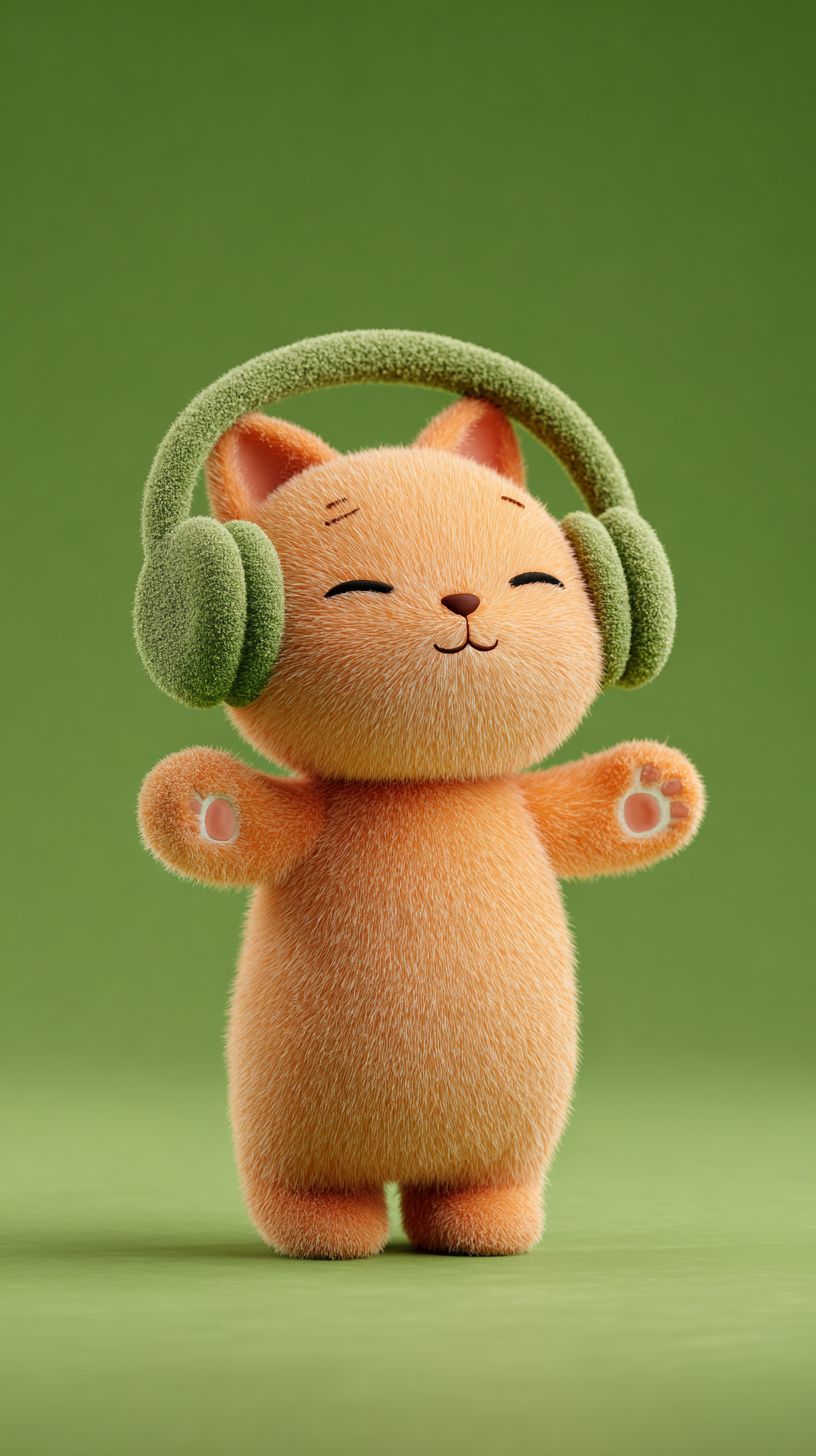 绿色背景上的可爱皮克斯风格的3D橘猫戴着耳机