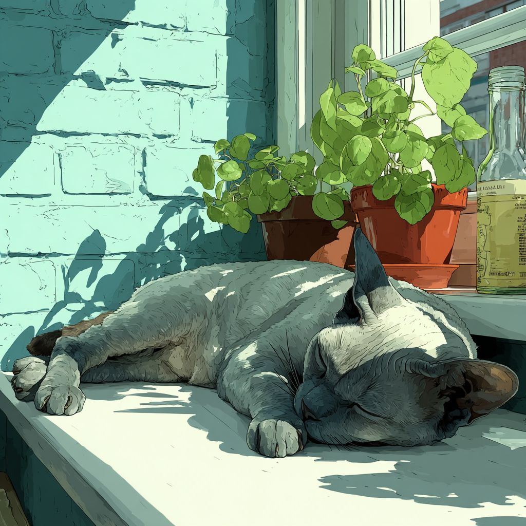 Un chat devon rex gris avec des points de phoque dort sur le bureau, des plantes en pot par la fenêtre dans un art numérique de style anime