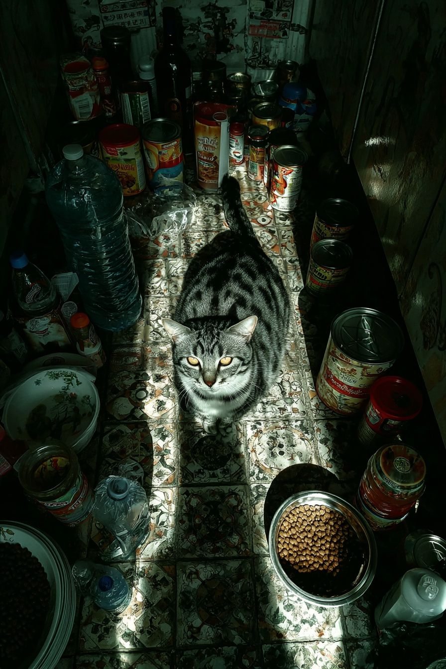 A cat happily eating food in a bright kitchen