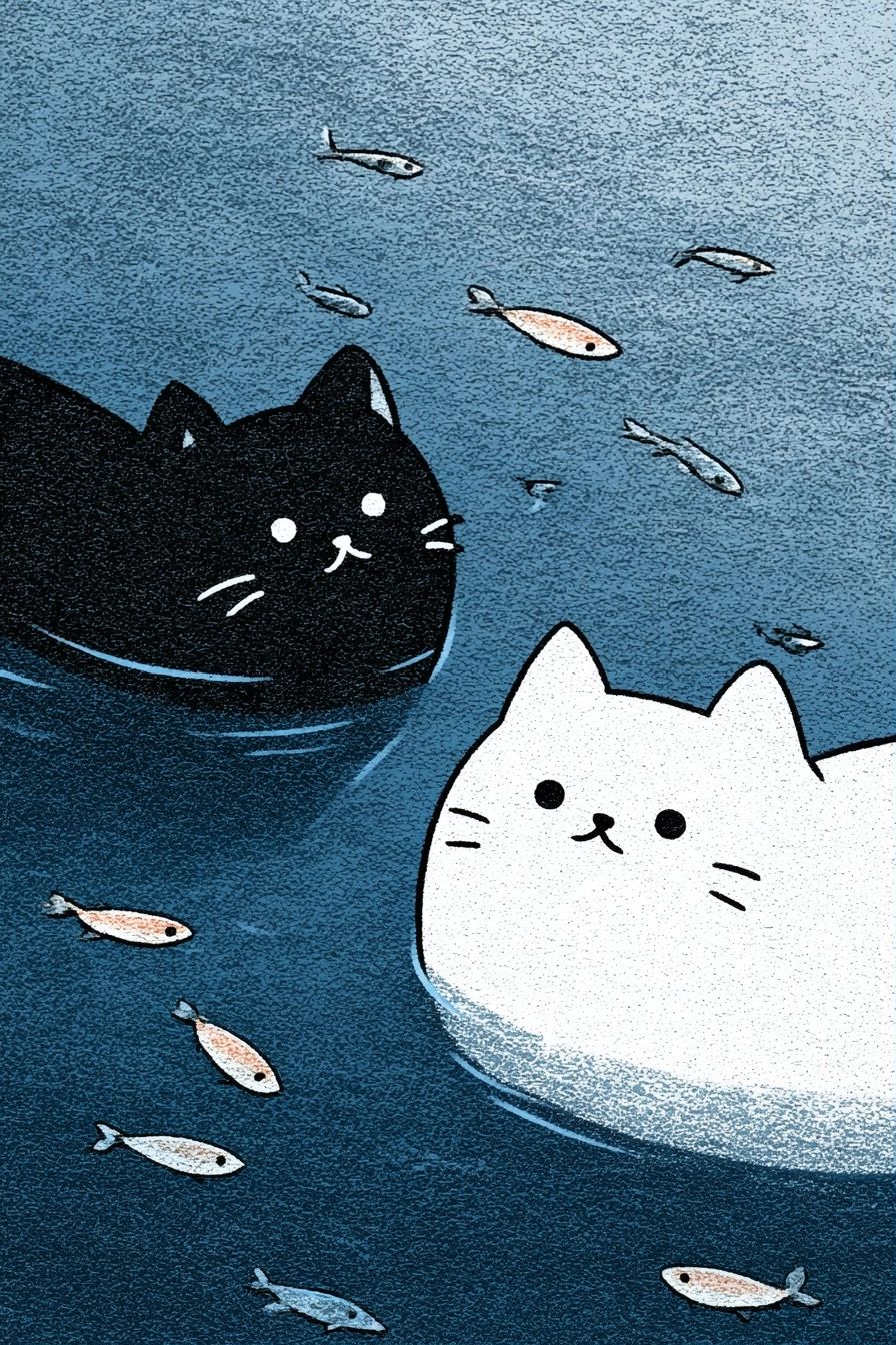 Um adorável gatinho preto e um gato branco gordinho nadando em um rio